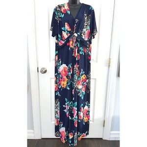 Heimish Navy Blue Floral & Leopard Print Short Sleeve Maxi Dress